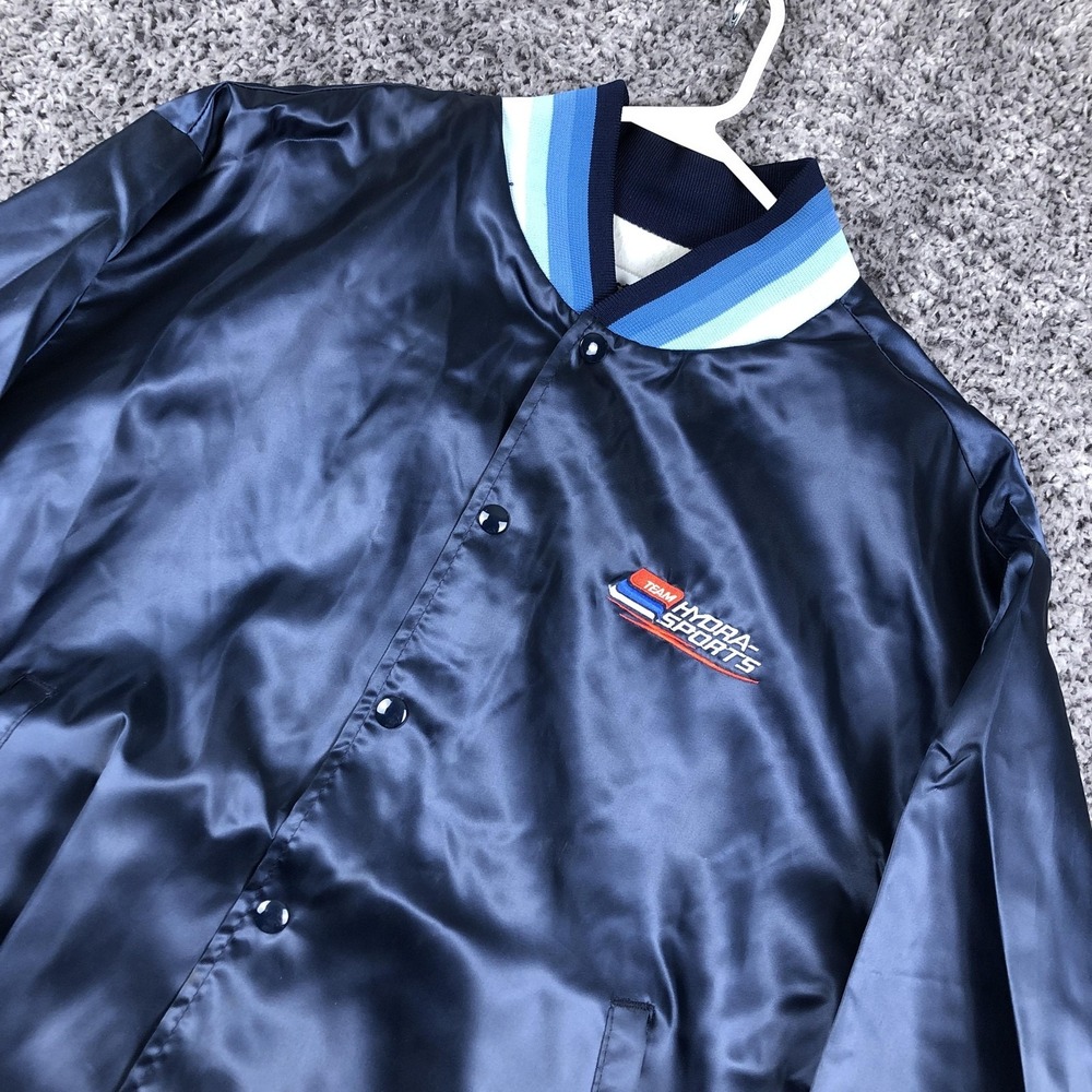 Vintage Swingster Jacket Mens XL‎ Blue Satin Nylon Bomber Hydra-Sports Logo USA